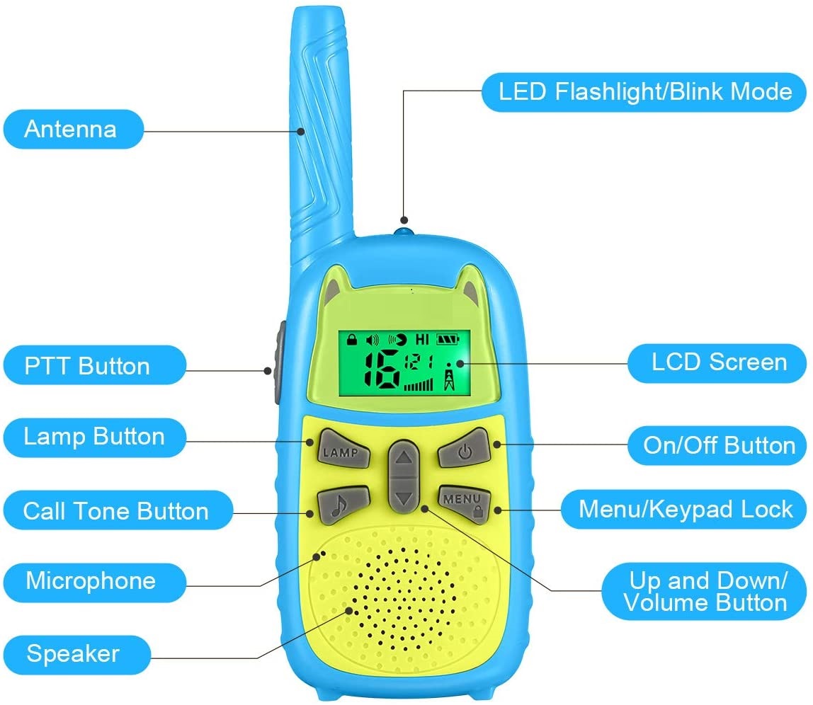 Blue and Green Kids Walkie Talkie - LCD Screen, LED Flashlight, Call Tone Button