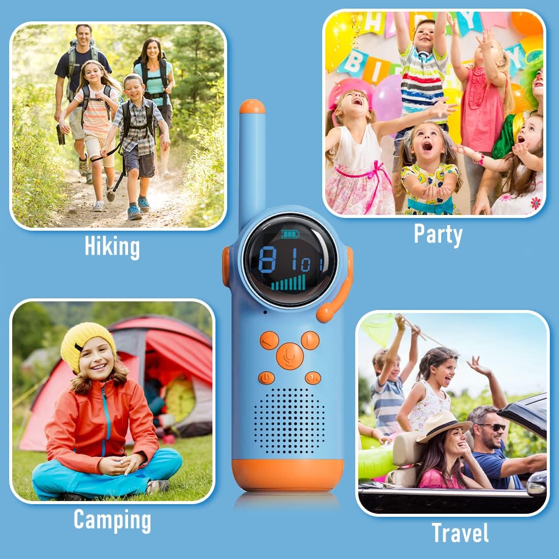 Rechargeable Kids' Walkie Talkie, Two-Way Communication, Blue and Orange Pair for Outdoor Activities