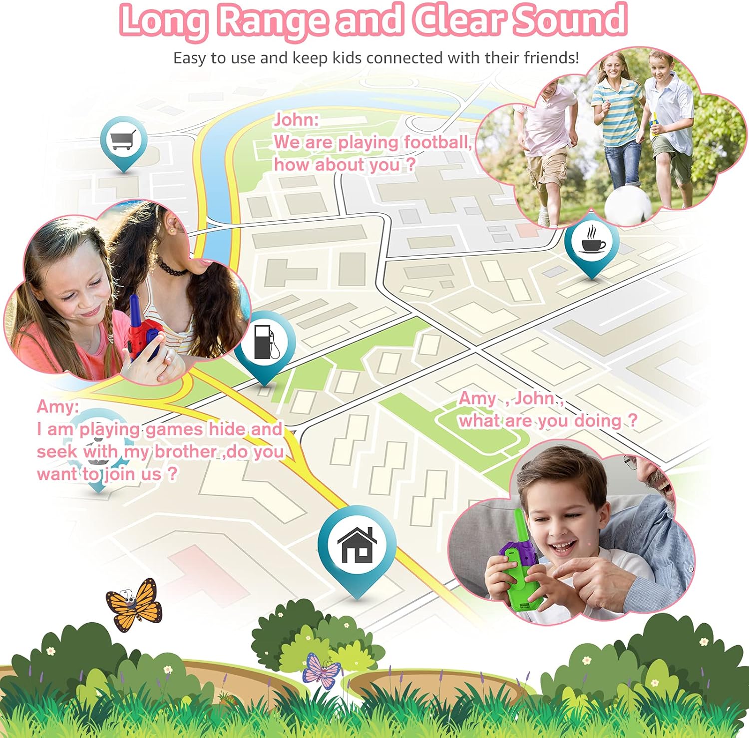 3 Miles Kids Walkie Talkies – Rechargeable with USB, LCD Display, Accessories Included, Purple & Green