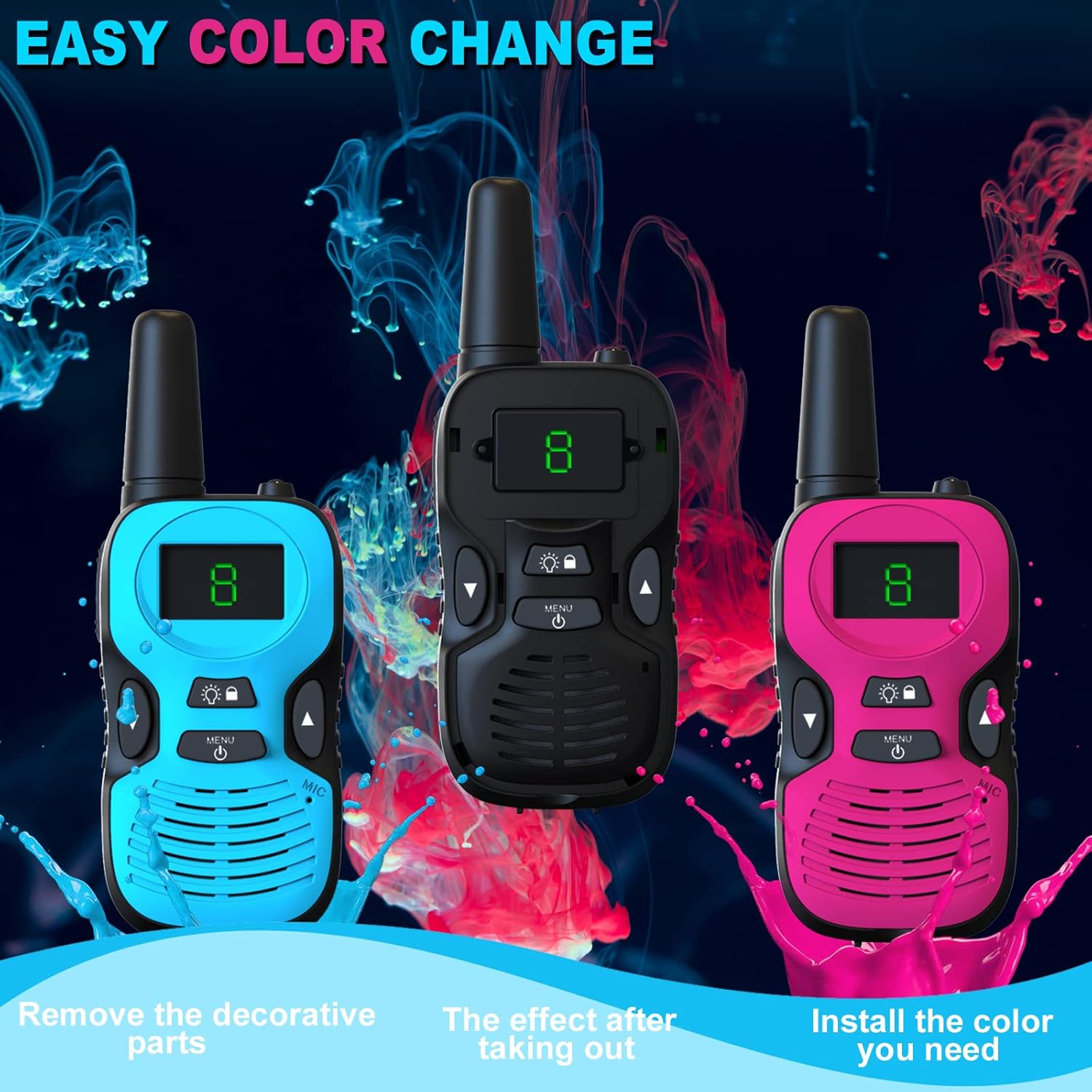 3-Pack Kids Walkie-Talkies Set with LED Display, Flashlight, and 8 Channels (Pink, Green, Blue)