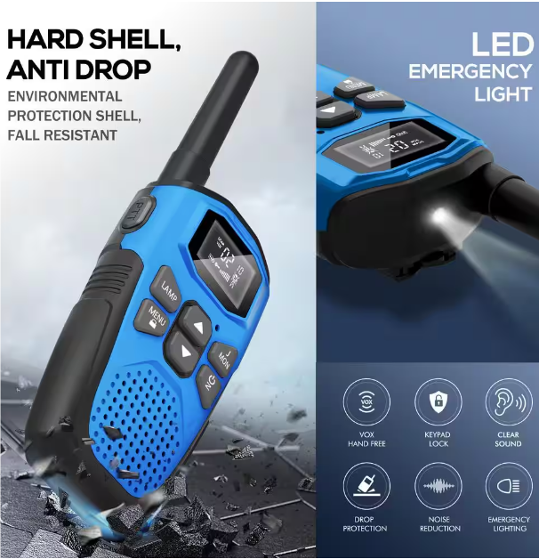 Walkie-Talkie Set of 4, 22 Channels, LCD Display, VOX Hands-Free, LED Flashlight - Blue, Yellow, Green, Orange