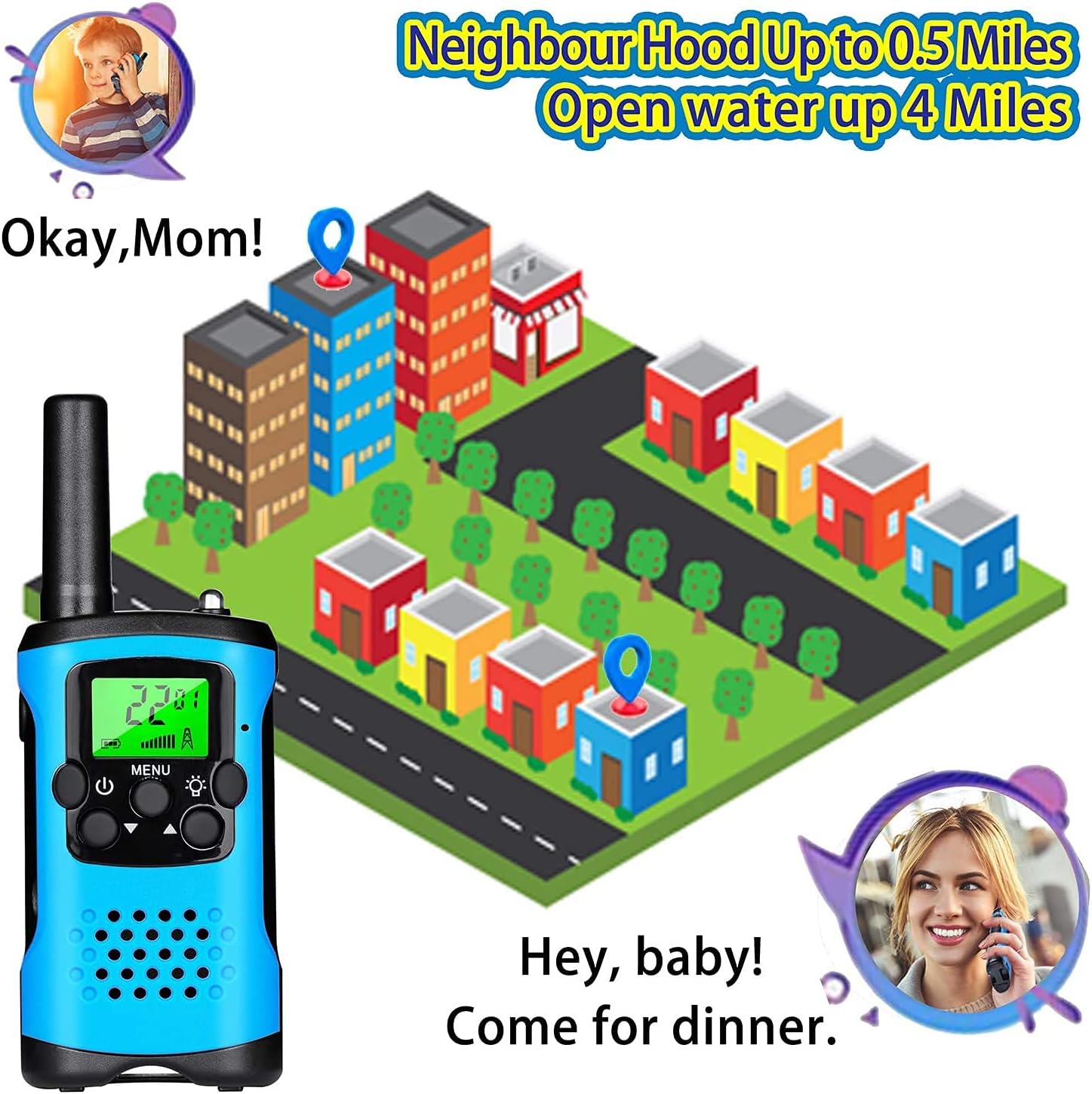 Walkie-Talkie Set of 3 with 22 Channels, LCD Display, VOX Hands-Free, and LED Flashlight - Blue, Red, Yellow