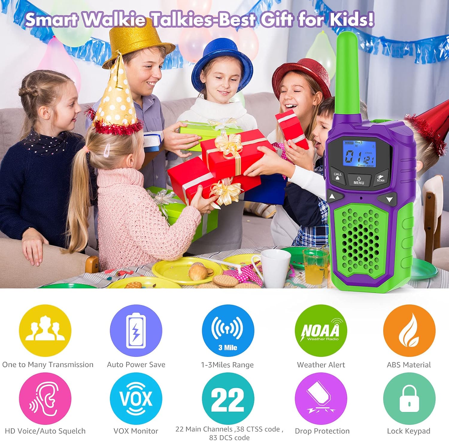 Walkie-Talkie Set of 3, 22 Channels, LCD Display, VOX Hands-Free, LED Flashlight, Rechargeable Batteries - Blue, Red, Green