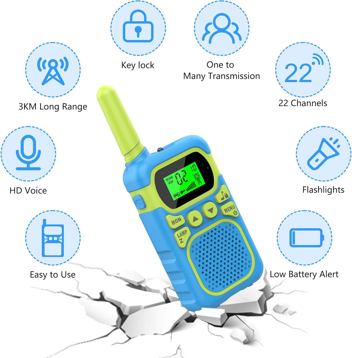 3-Mile Kids Walkie Talkie with Flashlight and VOX, 22 Channels with CTCSS, Pink and Blue