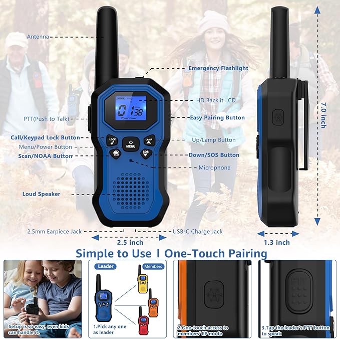 Powerful Design Kids Walkie Talkies - 2-Pack with 22 Channels, Drop Protection, and iVOX Hands-Free Operation