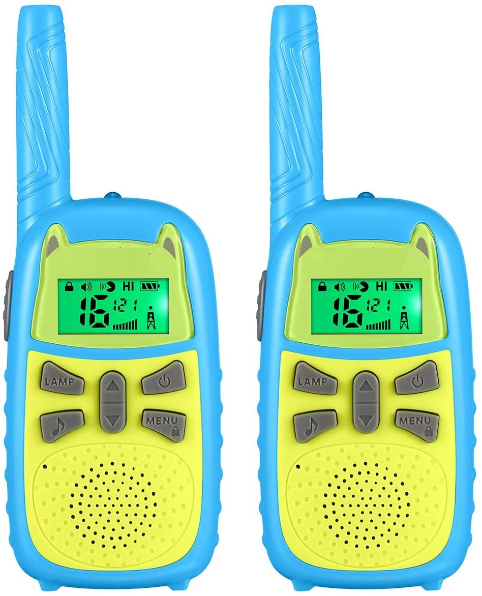 Blue and Green Kids Walkie Talkie - LCD Screen, LED Flashlight, Call Tone Button