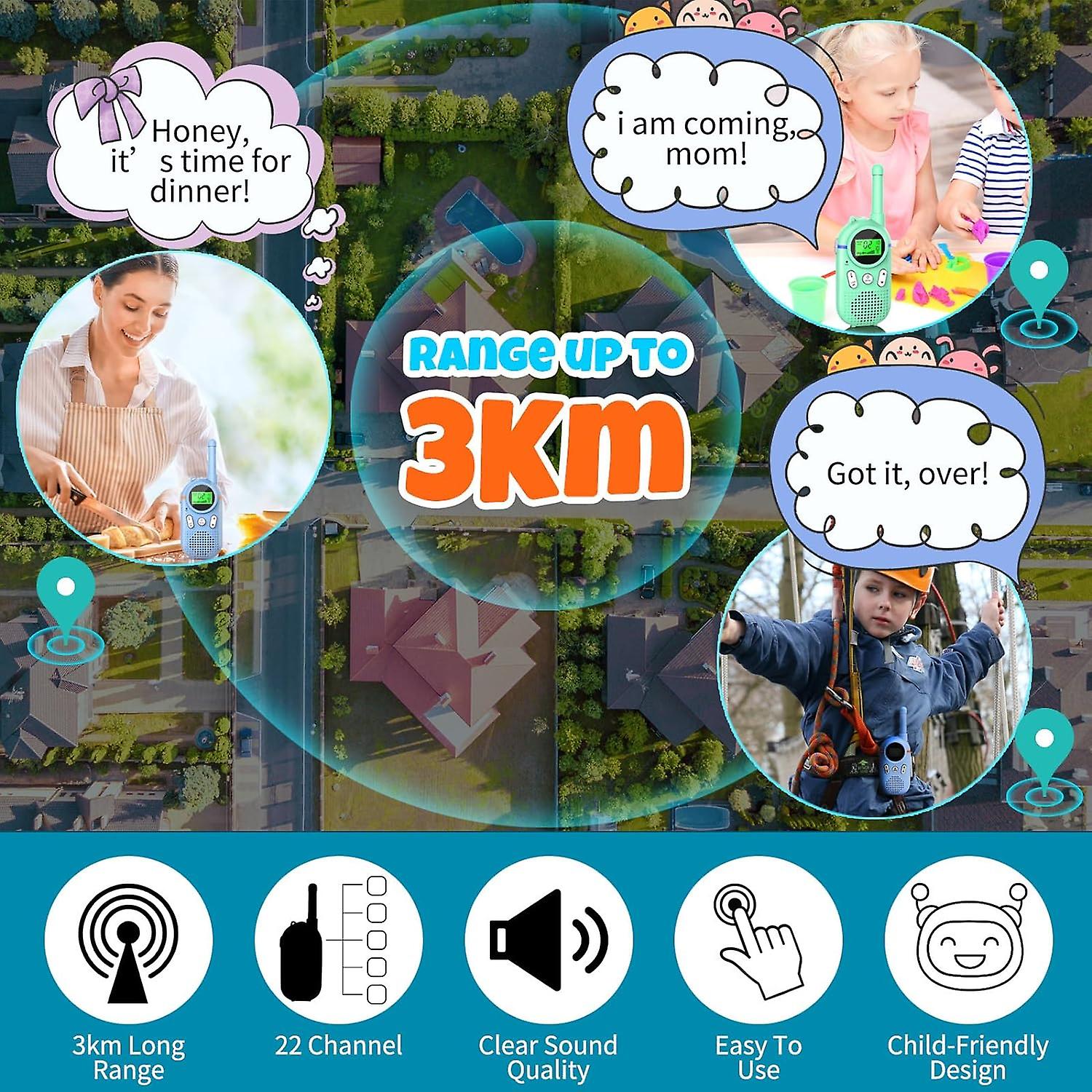 Kids Walkie Talkies with Type-C Charging and LED Flashlight - Rechargeable Two-Way Radio with Hands-Free Clips, Backlit LCD, and Clear Voice
