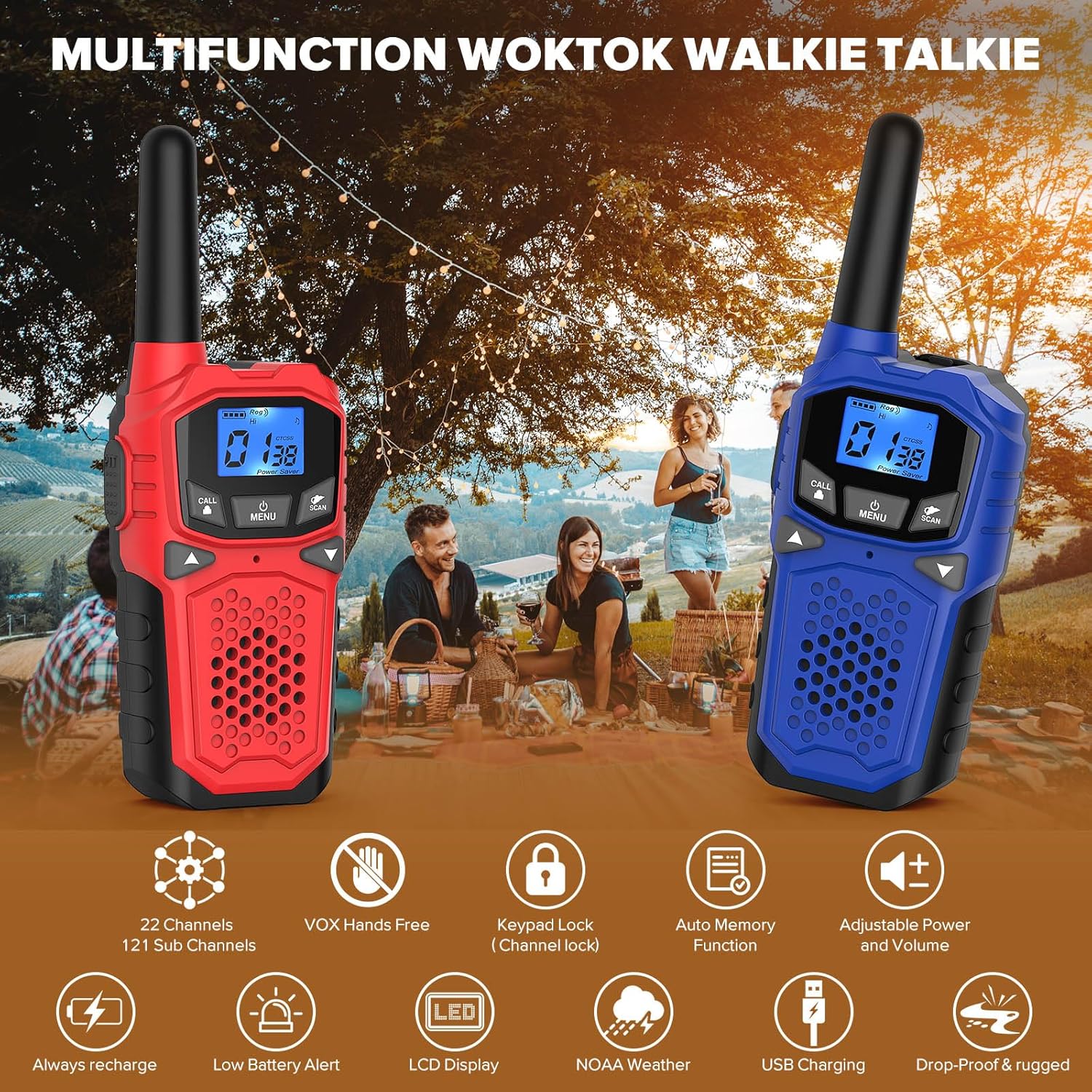 Multifunctional Outdoor Walkie Talkie, 3-Mile Long-Range Two-Way Communication, Supports USB Charging and NOAA Weather Alerts