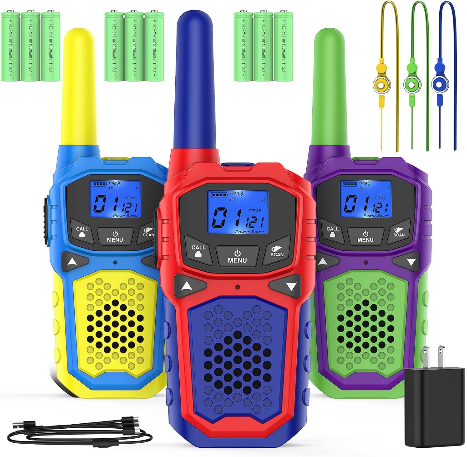 3 Miles Kids Walkie Talkies – Rechargeable with USB, LCD Display, Accessories Included, Purple & Green