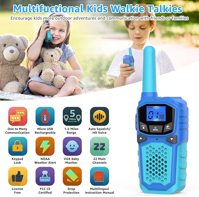 Kids Walkie Talkies with Rechargeable Batteries - 4-Pack Two-Way Radios with Lanyards, LED Display, USB Charging, and Long Range