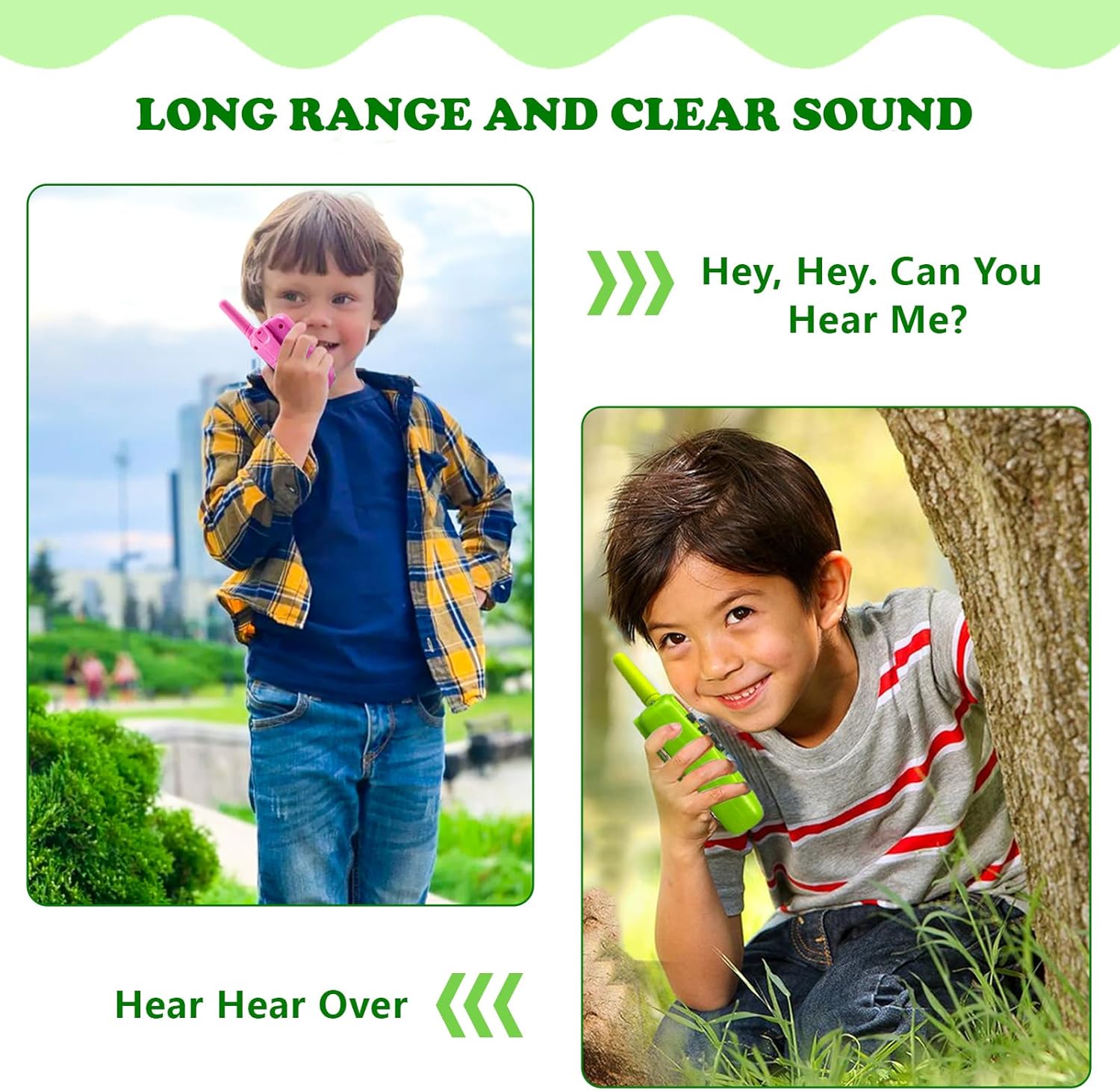 T-388 Green Walkie Talkie for Kids - LCD Display, Flashlight, Belt Clip