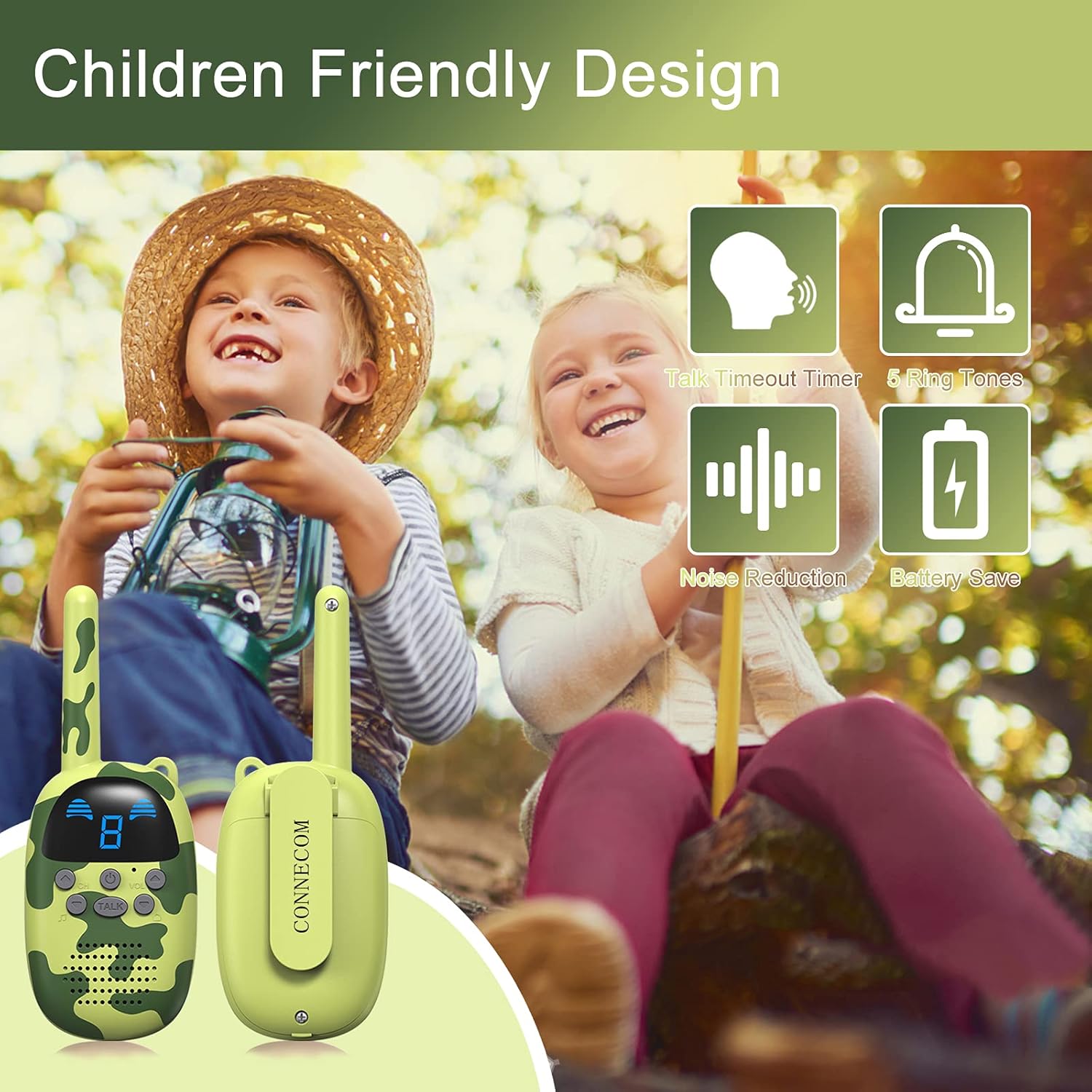 Camouflage Kids Walkie Talkie - LED Display, Volume Control, Call Tone