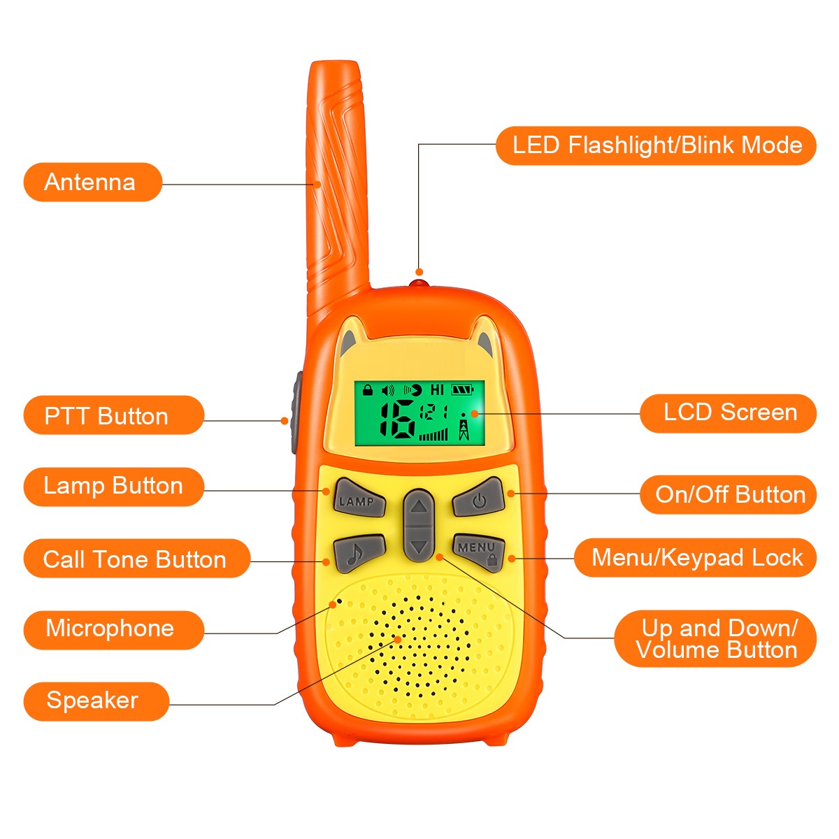 8-22 channels cute HandsFree Flashlight 7 Color LCD screen 3miles kids walkie talkie
