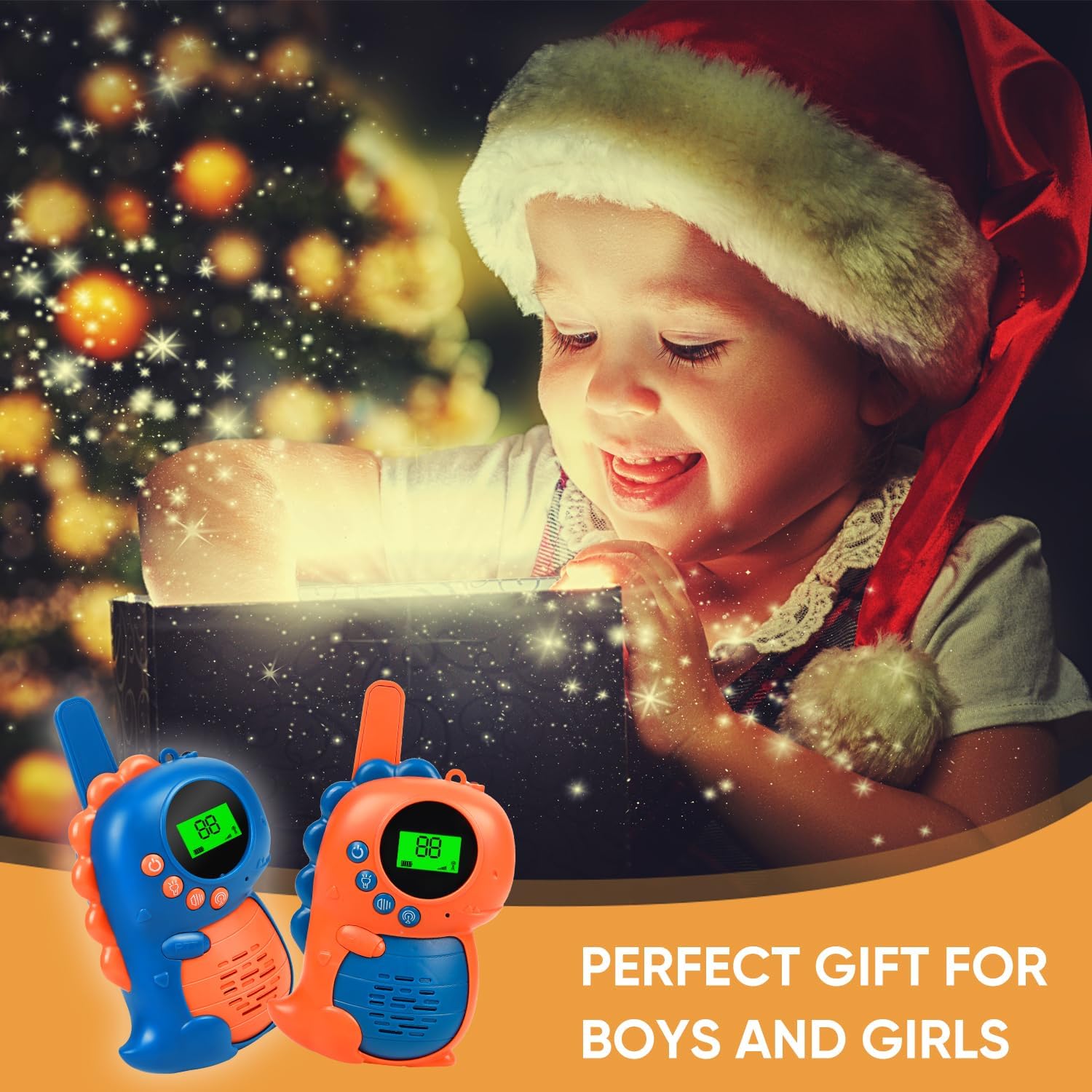 3 Miles Kids Walkie Talkies – Dinosaur Design with LED Light, Long Range Two-Way Radios for Children, Orange & Blue