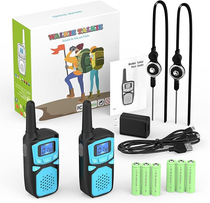 Rechargeable Kids Walkie Talkies with Built-in LCD Display, Earpieces, and USB Charging