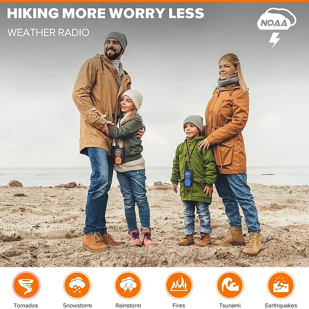 NOAA Weather Alert Walkie Talkie - 36 Miles Range, LCD Display, VOX Hands-Free, USB Rechargeable