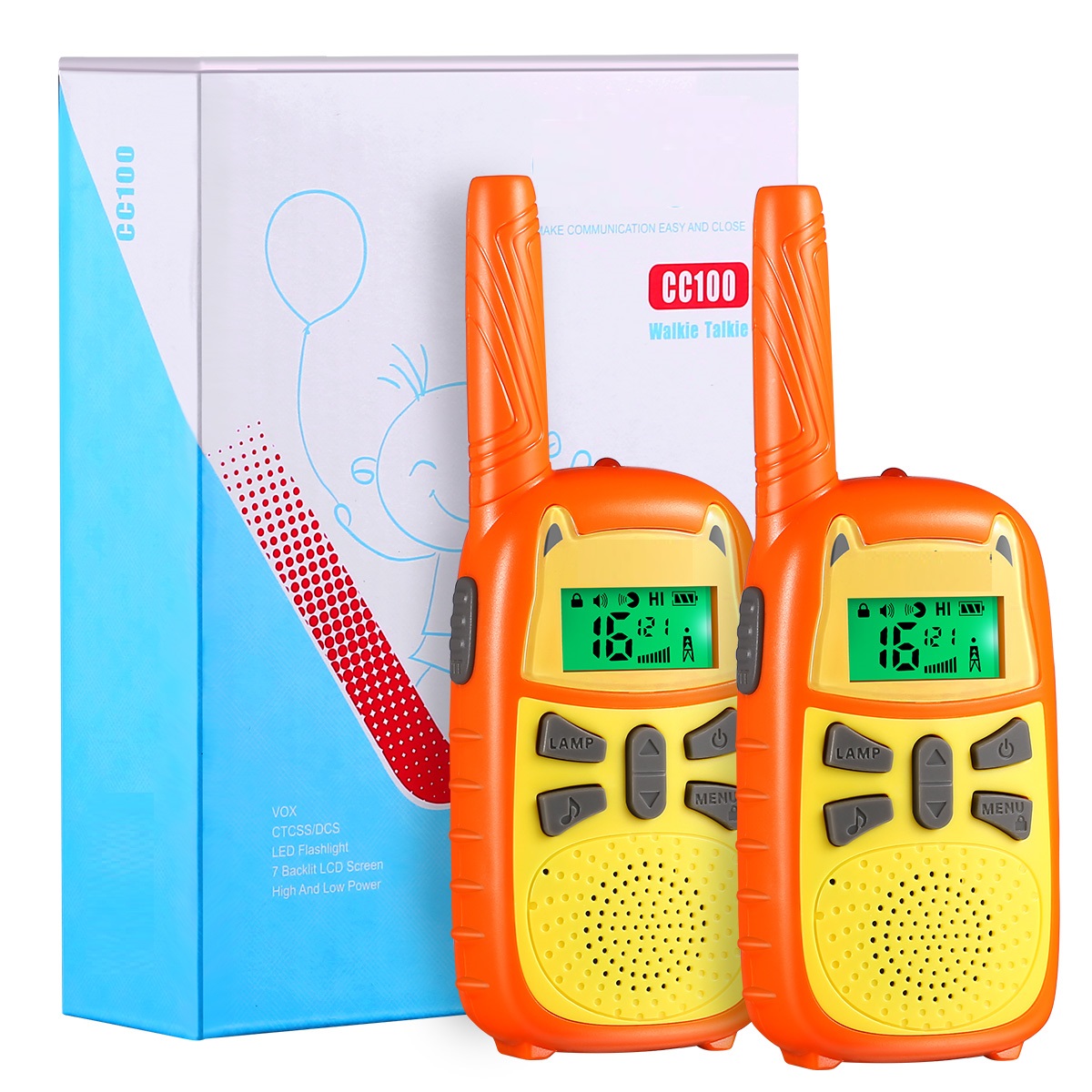 8-22 channels cute HandsFree Flashlight 7 Color LCD screen 3miles kids walkie talkie