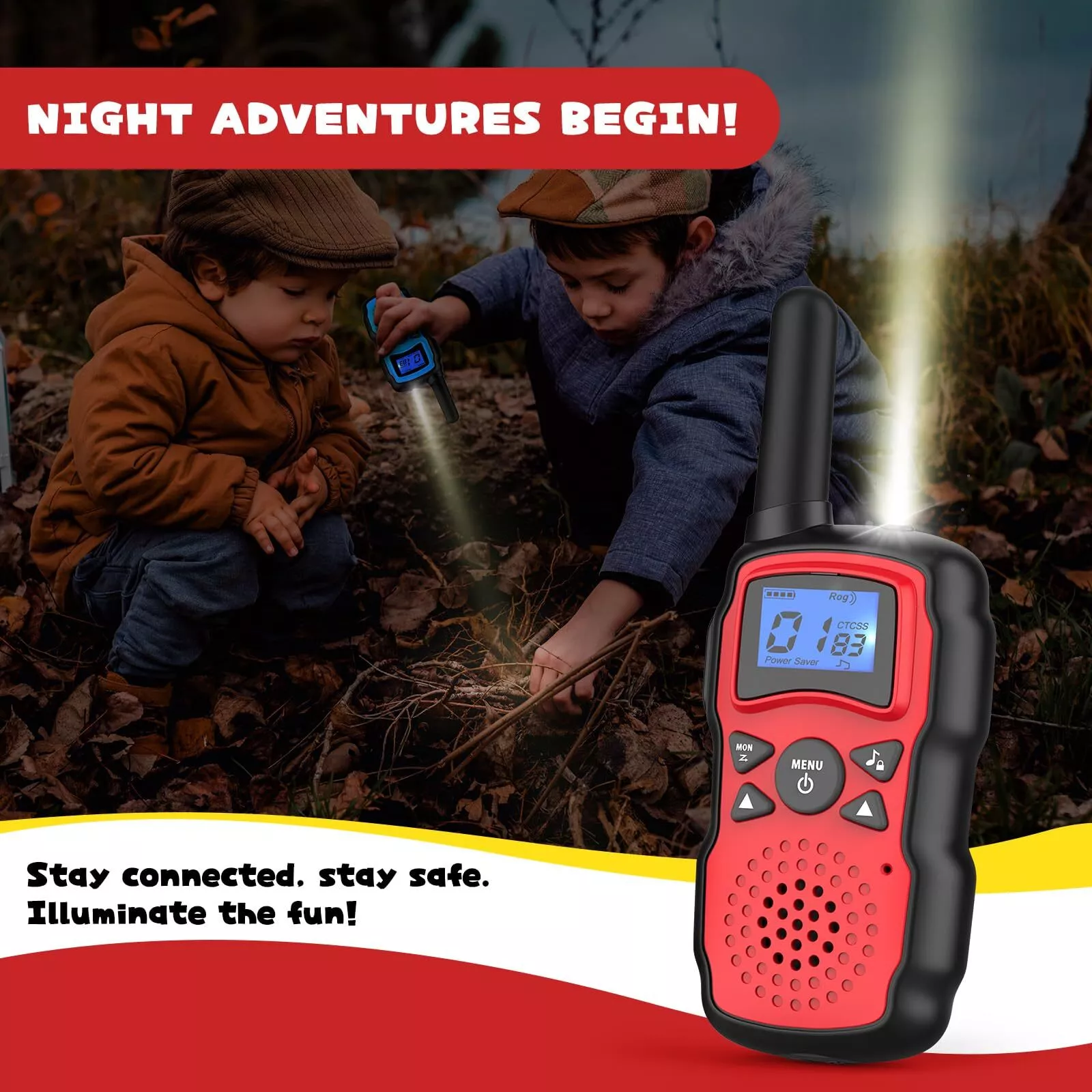 Kids Walkie Talkie - 5 Miles Range, LCD Display, LED Flashlight, Adventure Ready