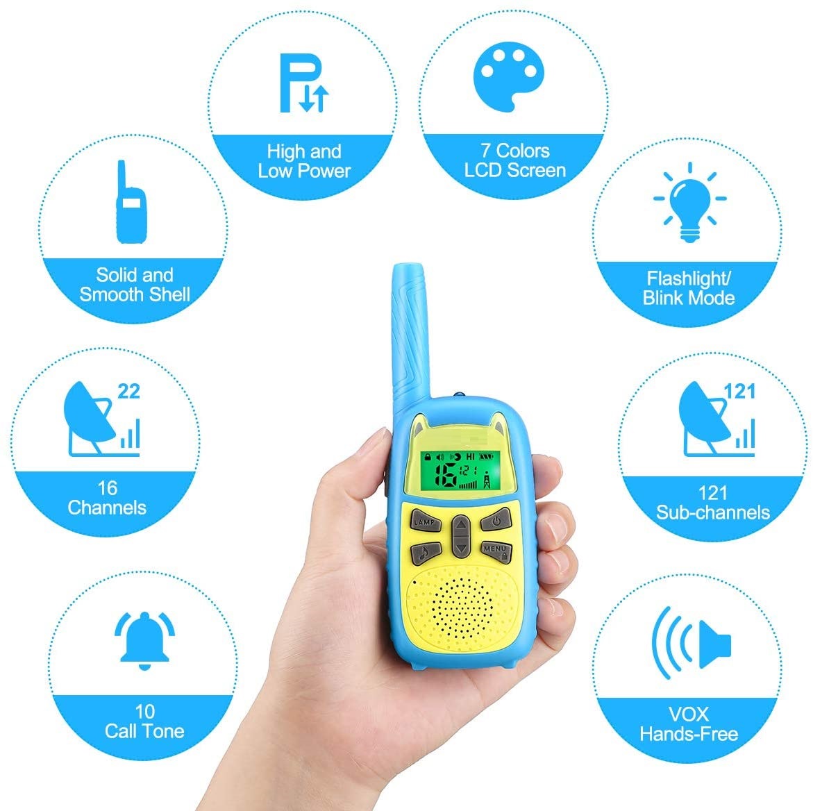Blue and Green Kids Walkie Talkie - LCD Screen, LED Flashlight, Call Tone Button