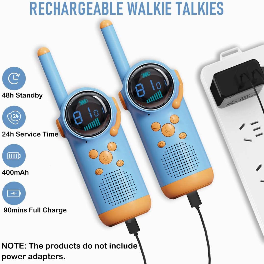 Rechargeable Kids' Walkie Talkie, Two-Way Communication, Blue and Orange Pair for Outdoor Activities