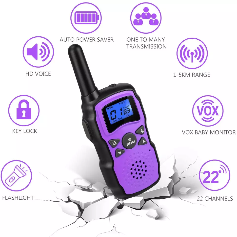 Kids Walkie Talkies – 22 Channels, VOX Baby Monitor, 1-5KM Range, Purple