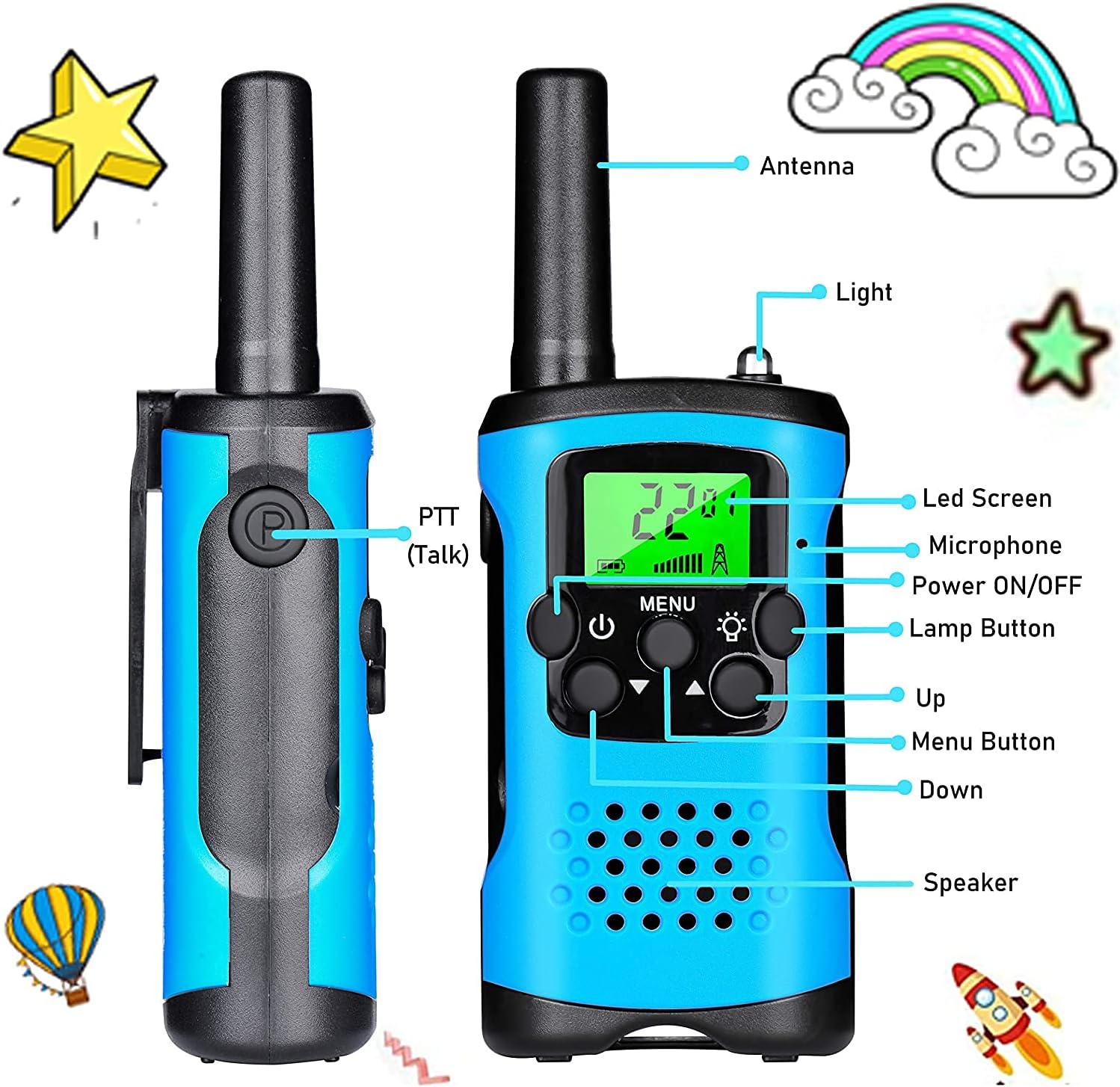 Walkie-Talkie Set of 3 with 22 Channels, LCD Display, VOX Hands-Free, and LED Flashlight - Blue, Red, Yellow