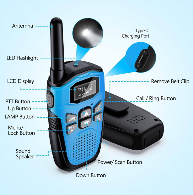 Walkie-Talkie Set of 4, 22 Channels, LCD Display, VOX Hands-Free, LED Flashlight - Blue, Yellow, Green, Orange