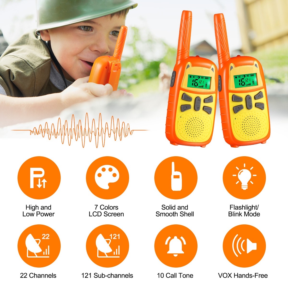 8-22 channels cute HandsFree Flashlight 7 Color LCD screen 3miles kids walkie talkie