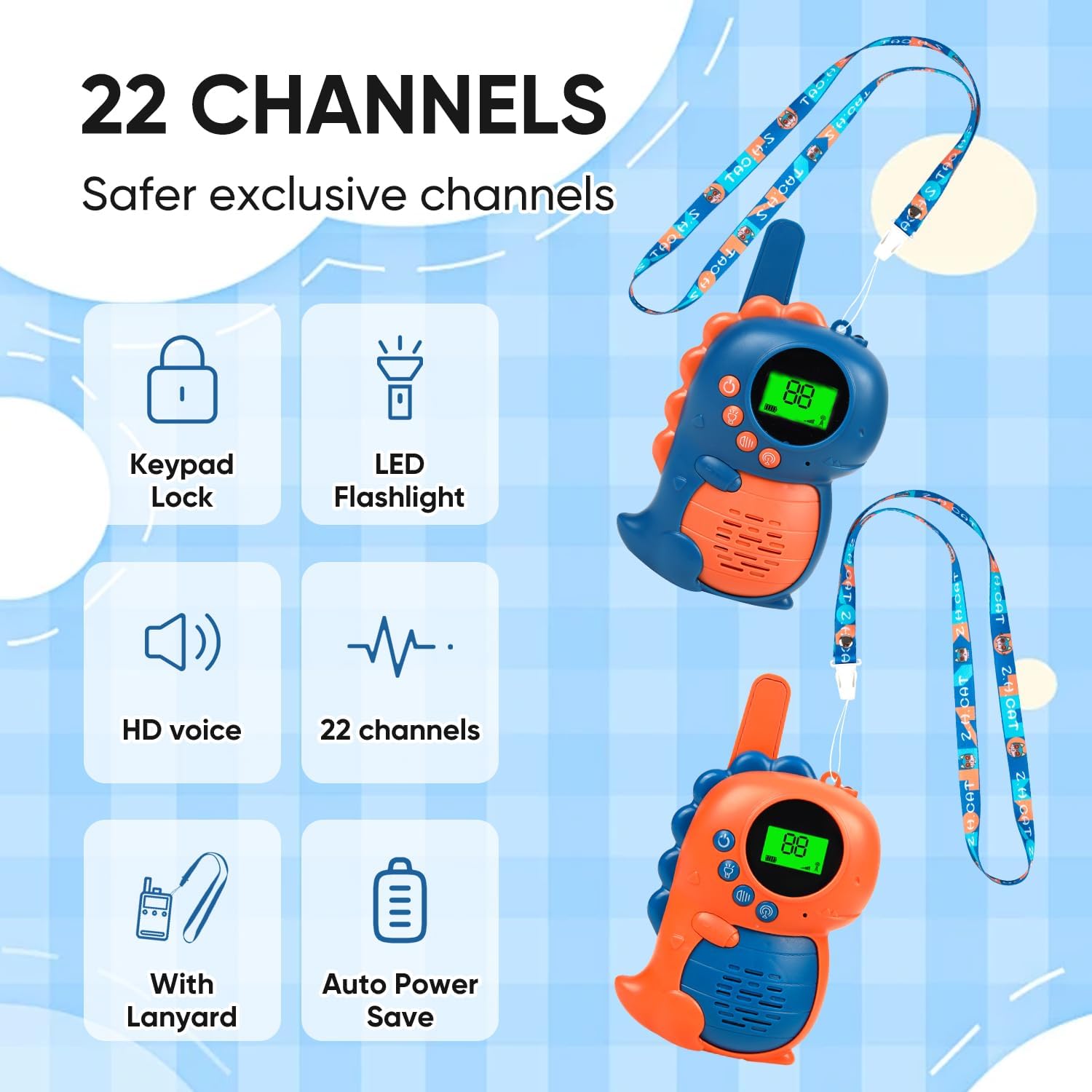 3 Miles Kids Walkie Talkies – Dinosaur Design with LED Light, Long Range Two-Way Radios for Children, Orange & Blue