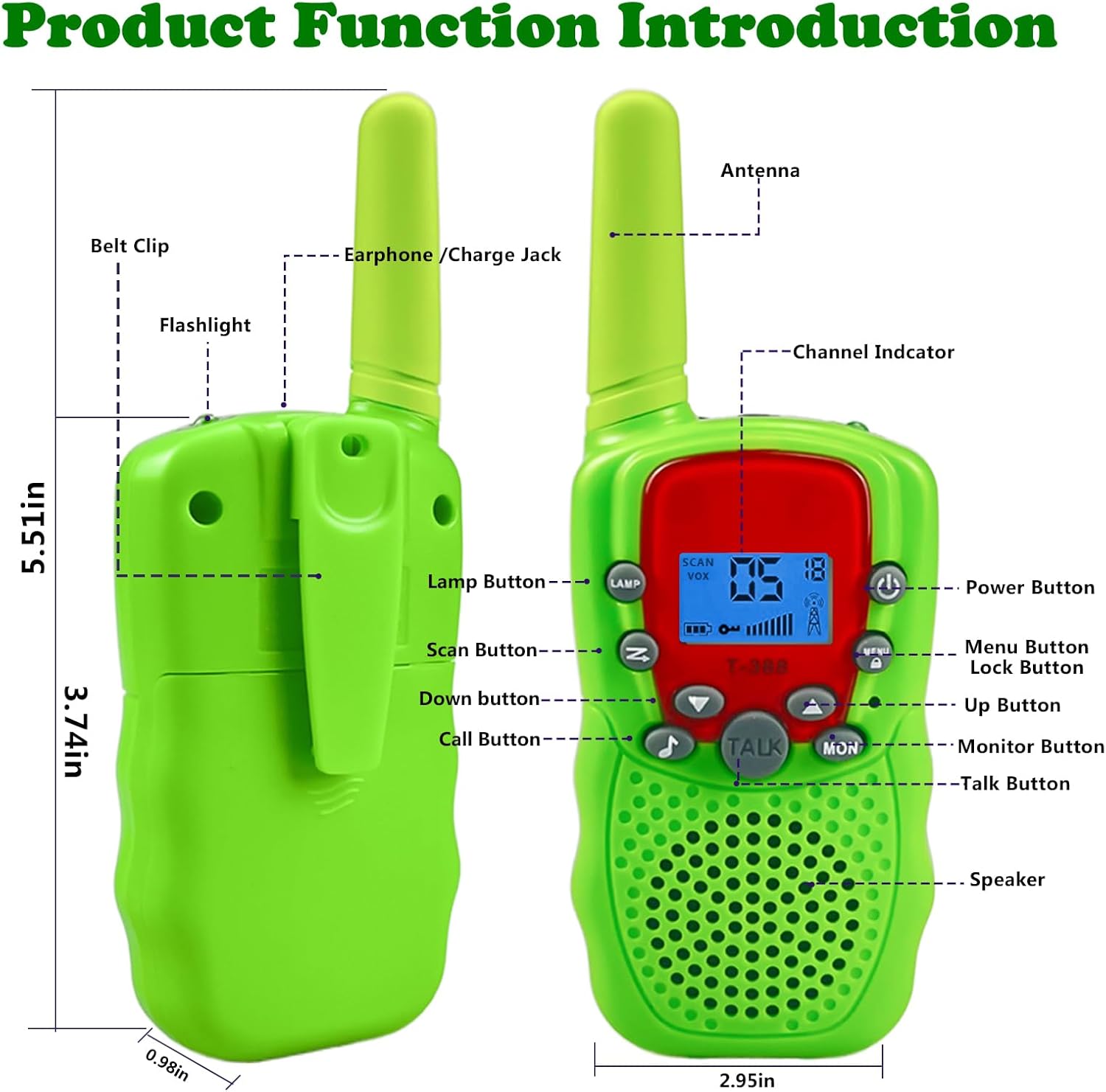 T-388 Green Walkie Talkie for Kids - LCD Display, Flashlight, Belt Clip