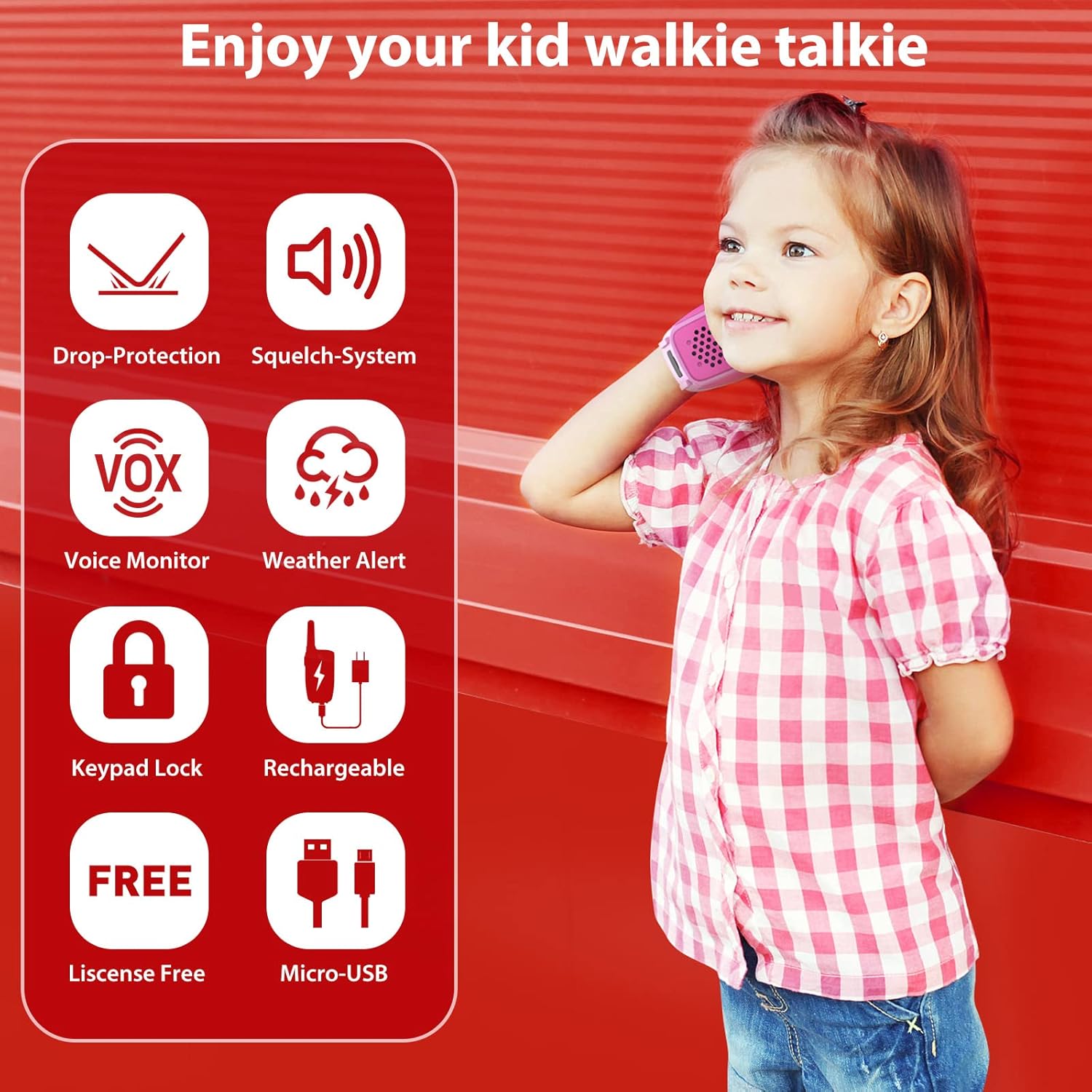 Walkie - talkie infantil multifuncional con alerta meteorológica y modo de manos libres Vox - antideslizante, se puede cargar a través de un mini USB