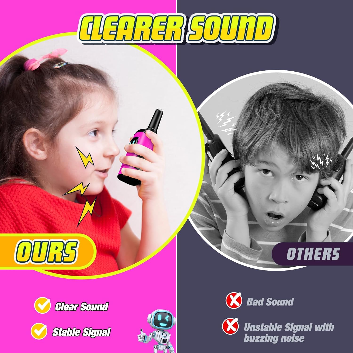 Robot Design Walkie-Talkie Set for Kids, 22 Channels, LED Indicator, VOX Hands-Free, Pink and Black