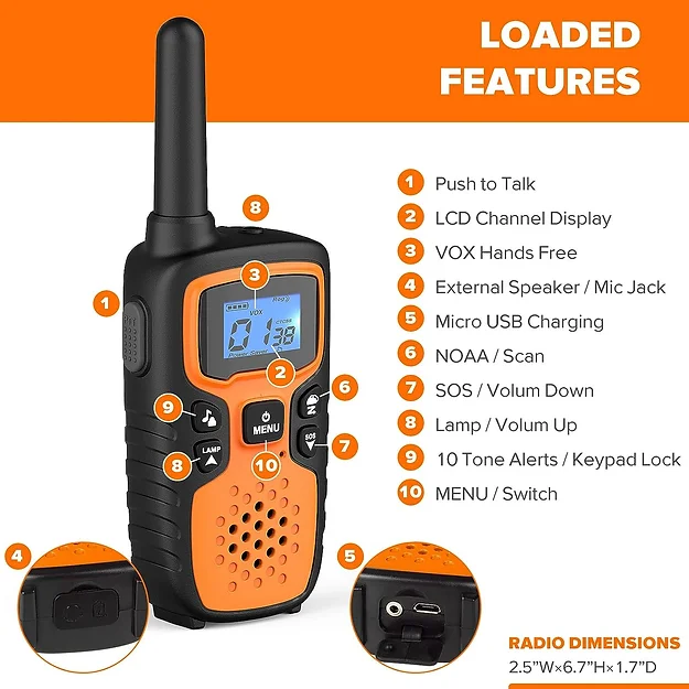 NOAA Weather Alert Walkie Talkie - 36 Miles Range, LCD Display, VOX Hands-Free, USB Rechargeable