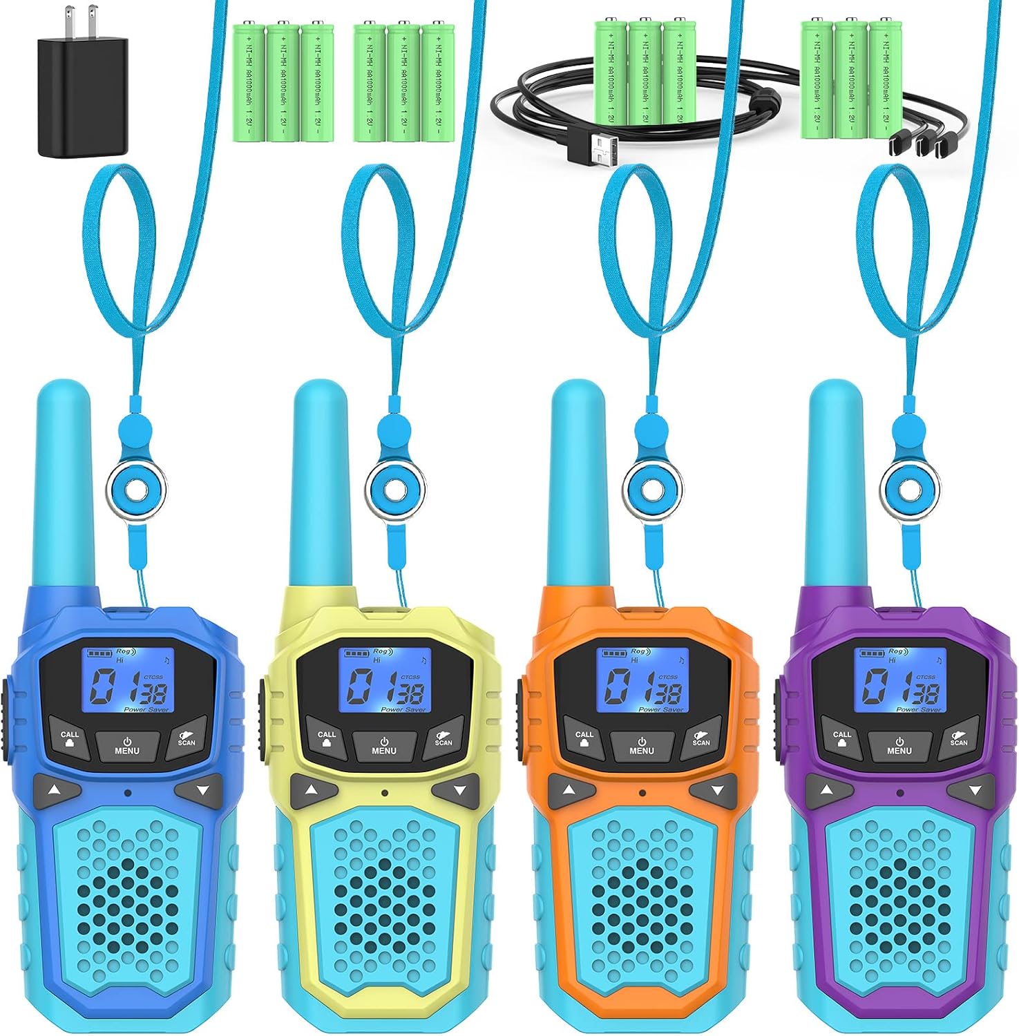 Kids Walkie Talkies with Rechargeable Batteries - 4-Pack Two-Way Radios with Lanyards, LED Display, USB Charging, and Long Range