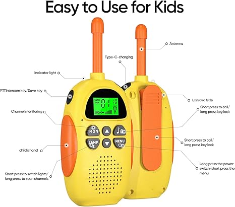 Colorful Kids Walkie Talkies - 2-Pack with USB Charging, 22 Channels, and Long Range