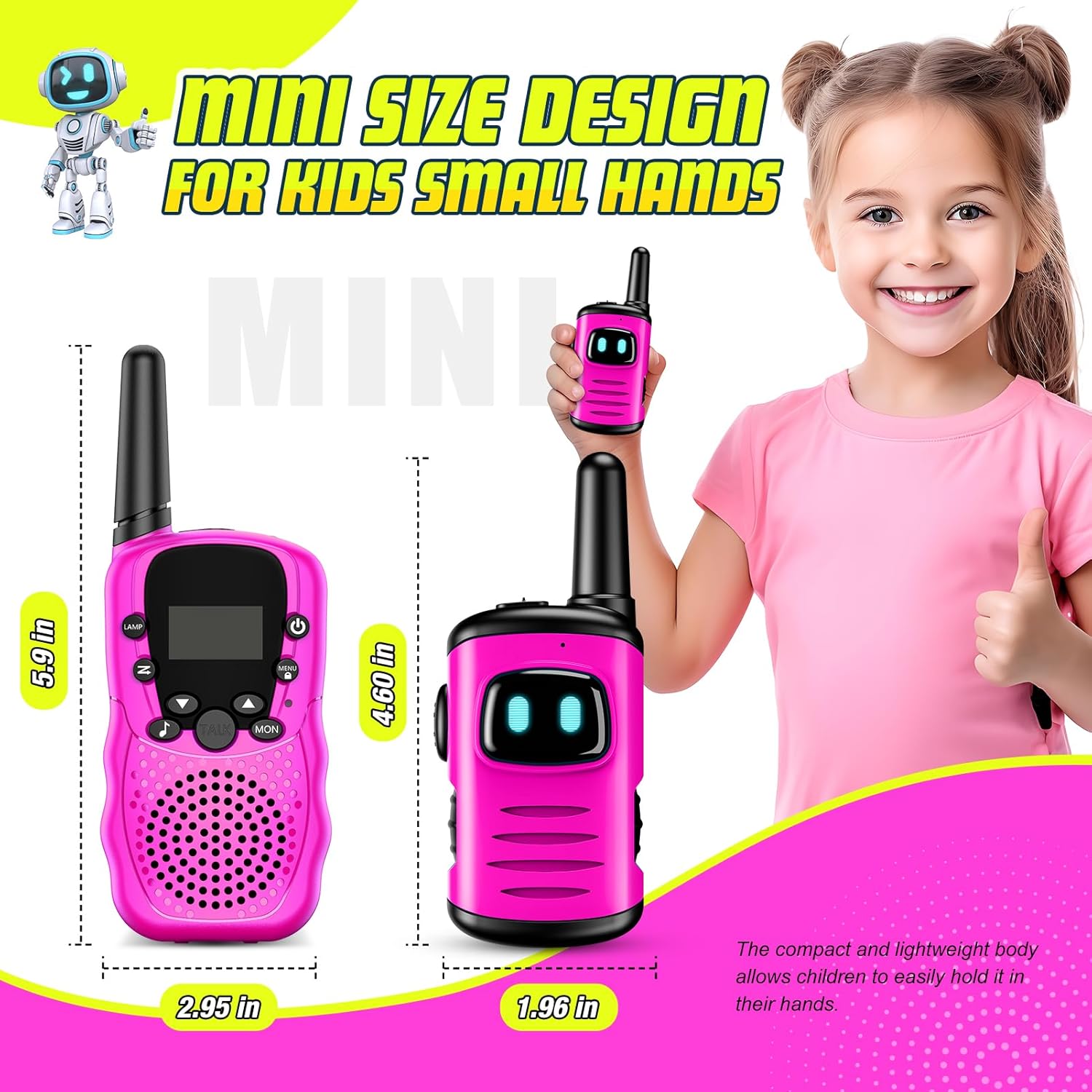 Robot Design Walkie-Talkie Set for Kids, 22 Channels, LED Indicator, VOX Hands-Free, Pink and Black
