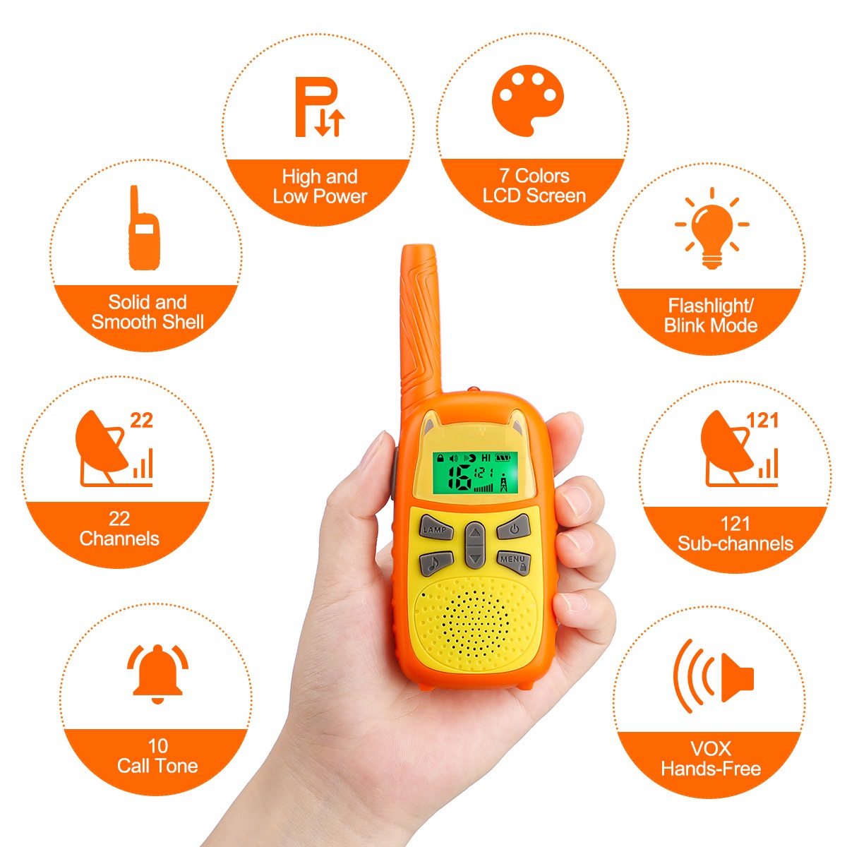8-22 channels cute HandsFree Flashlight 7 Color LCD screen 3miles kids walkie talkie
