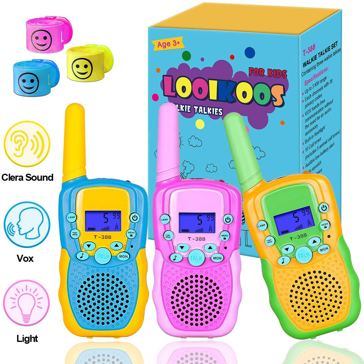 3-Mile Kids Walkie Talkie, T-388 Model with 22 Channels, VOX Mode, and Flashlight