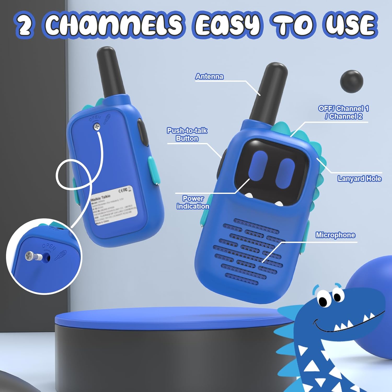 Cute Dinosaur Kids Walkie Talkie 3 Miles Range with Drop-Proof Silicone Case, Ideal for Outdoor Fun
