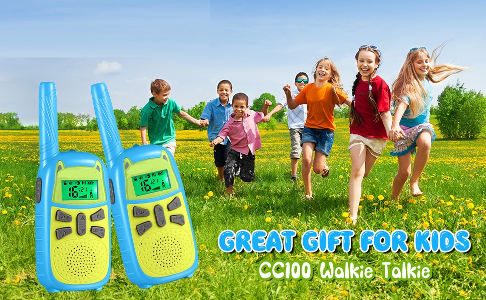 Blue and Green Kids Walkie Talkie - LCD Screen, LED Flashlight, Call Tone Button