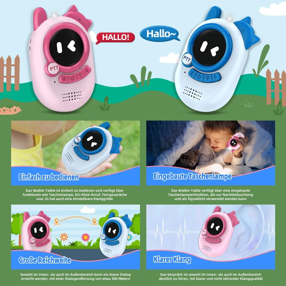 Cute Kids Walkie Talkies - 2-Pack with 300-Meter Range, Clear Sound, and Built-in Flashlight for Indoor and Outdoor Fun