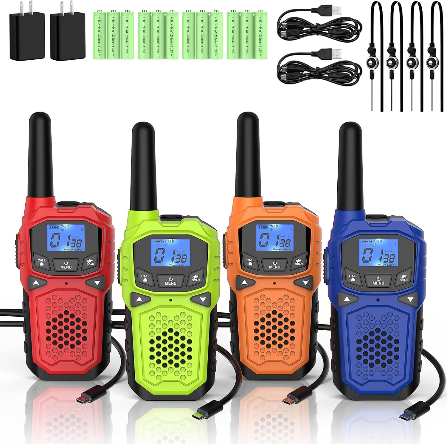 Rechargeable Walkie-Talkie Set of 4, 22 Channels, LCD Display, VOX Hands-Free, LED Flashlight - Red, Green, Orange, Blue
