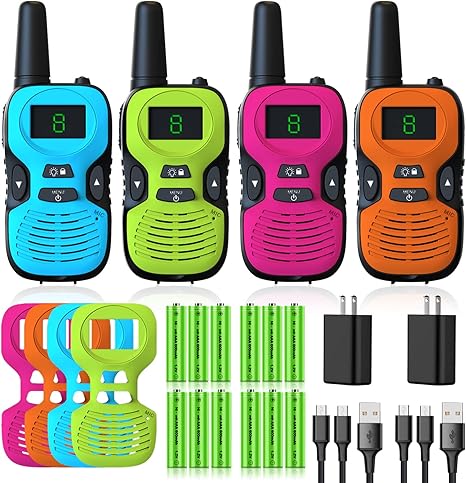 Rechargeable Walkie Talkies for Kids & Adults - 4-Pack Two-Way Radios with LED Display, USB Charging, 22 Channels, and Long Range
