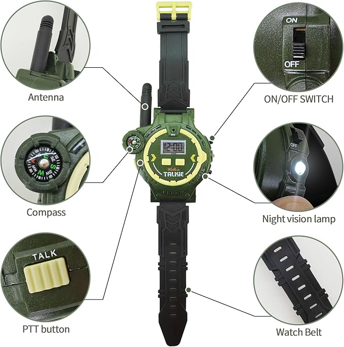 Kids Military Green Walkie Talkie Watch with Compass and Flashlight