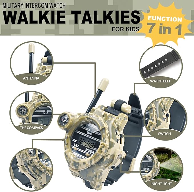 Kids Camouflage Walkie Talkie Watch with Compass and Flashlight