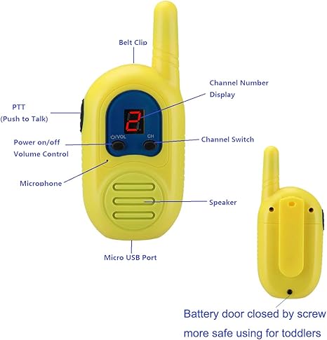 Compact Kids Walkie Talkie with Micro USB Port - 3 Miles Range and LED Display