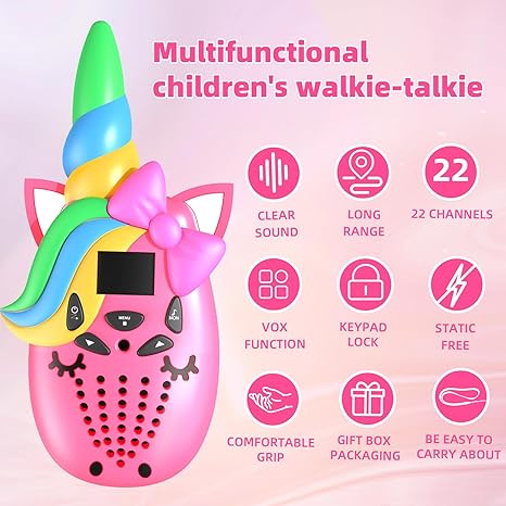 Unicorn-Themed Kids Walkie Talkie with 22 Channels and VOX - 3 Miles Range