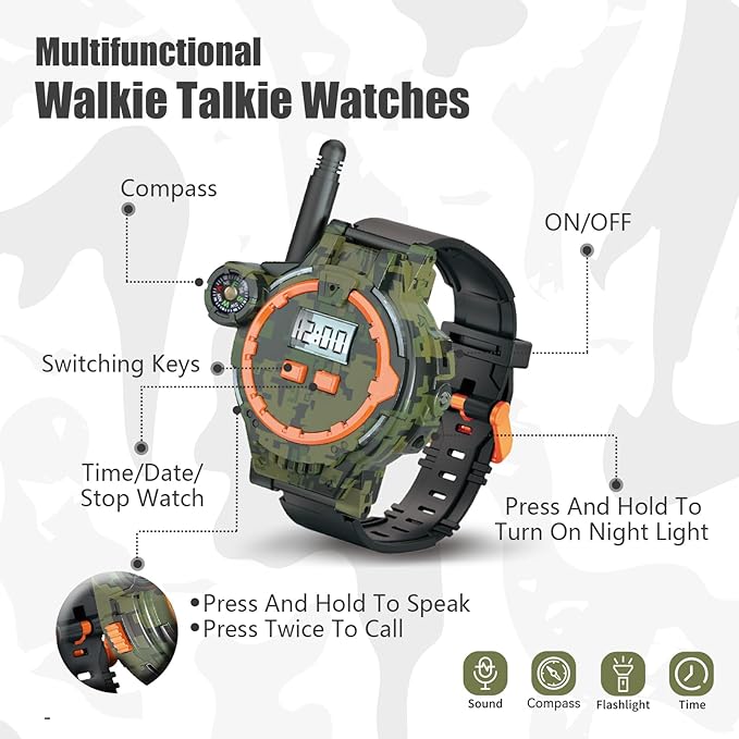 Kids Camouflage Walkie Talkie Watch with Compass and USB Charging