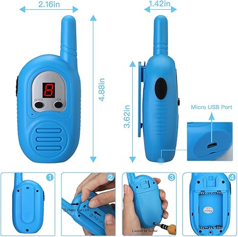 Compact Kids Walkie Talkie with Micro USB Port - 3 Miles Range and LED Display