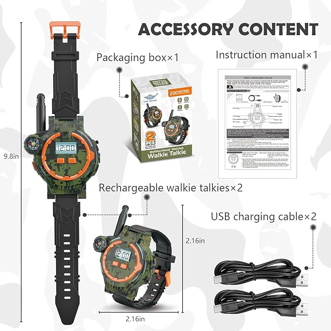 Kids Camouflage Walkie Talkie Watch with Compass and USB Charging